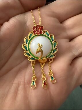 Peacock Pendant Necklace with Green, White & Red Enamel